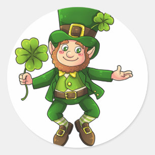 Sticker Rond Joyeux Leprechaun et Shamrock