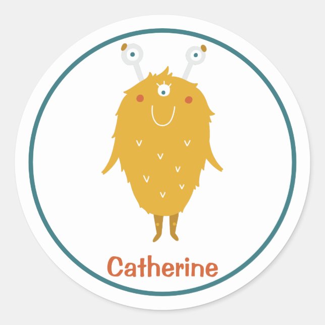 Sticker Rond Joyeux monstre orange fureur brun trois globes ocu (Devant)