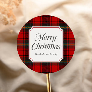 Sticker Rond Joyeux Noël à carreaux rouges