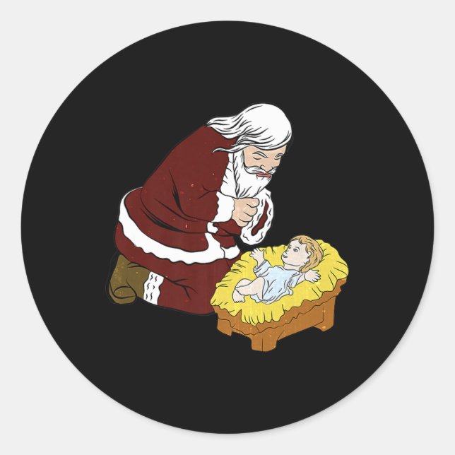 Sticker Rond Joyeux Noël à genoux Père Noël avec Ba (Devant)
