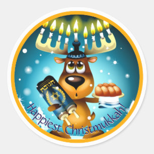 Sticker Rond Joyeux Noël à Hanoukka Reindeer de Noël