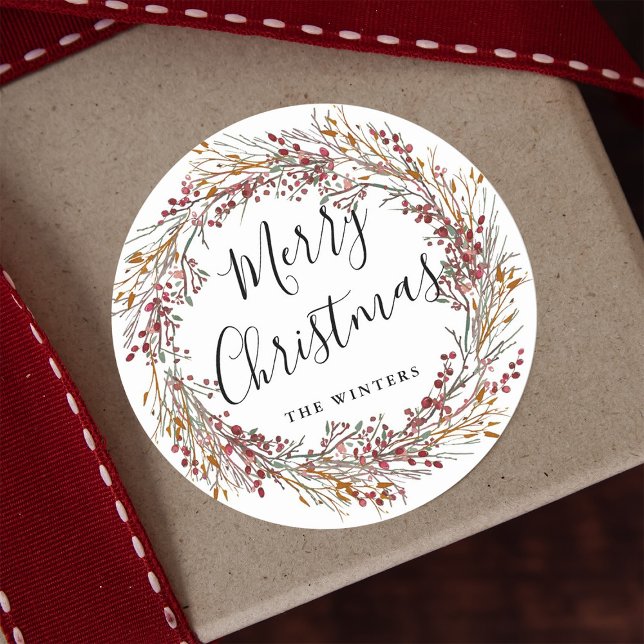 Sticker Rond Joyeux Noël à la couronne rouge d'hiver (Créateur téléchargé)