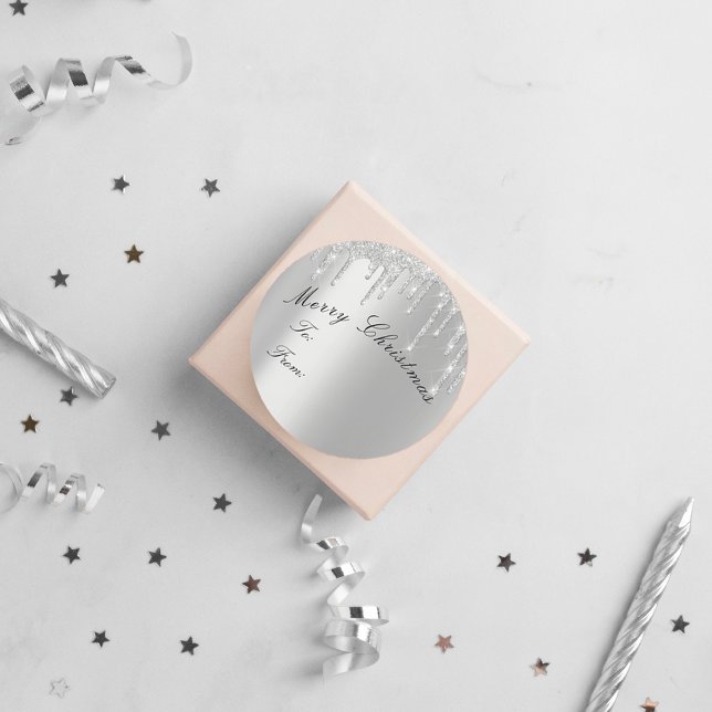 Sticker Rond Joyeux Noël à partir de vacances Étincelles Gris (Merry Christmas To From Holidays Spark Drips Gray Classic Round Sticker)