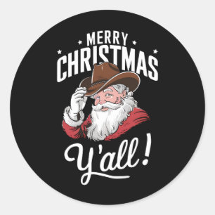 Sticker Rond Joyeux Noël à tous Cow-Boy Country Santa Claus