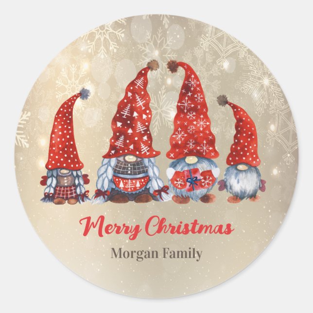 Sticker Rond Joyeux Noël, Adorable Gnomes rouges (Devant)