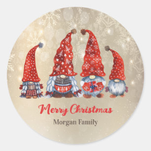 Sticker Rond Joyeux Noël, Adorables Gnomes Rouges  