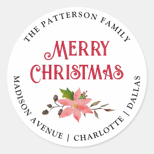 Sticker Rond Joyeux Noël | Adresse de retour Poinsettia Floral (Devant)