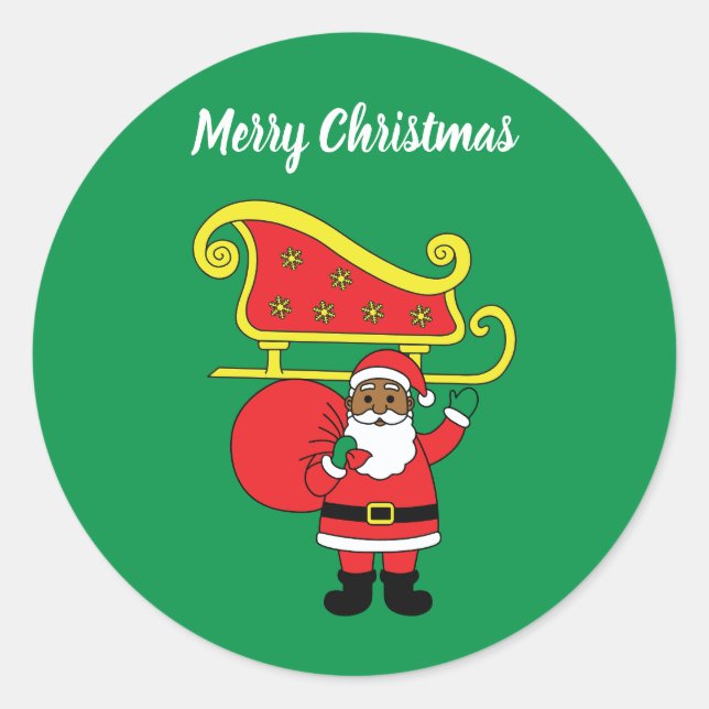Sticker Rond Joyeux Noël Afro-Américain Père Noël Vert (Devant)