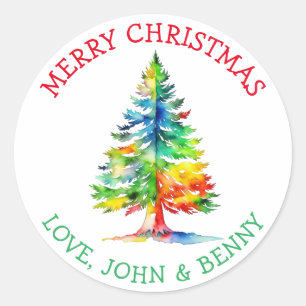 Sticker Rond Joyeux Noël Aquarelle Arbre de Noël