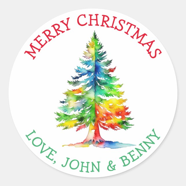 Sticker Rond Joyeux Noël Aquarelle Arbre de Noël (Devant)