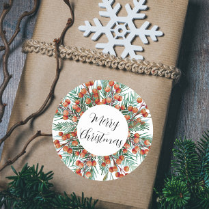 Sticker Rond Joyeux Noël Aquarelle Baies rouges Green Holly