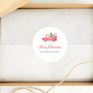 Sticker Rond Joyeux Noël Aquarelle Couleur Rouge Camion