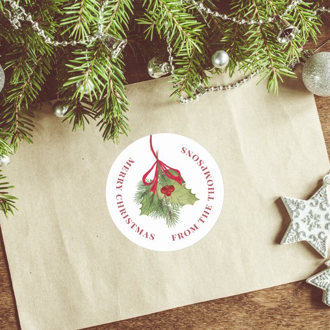 Sticker Rond Joyeux Noël Aquarelle Holly Berries Verdure (Christmas red holly berries and greenery custom round sticker. )