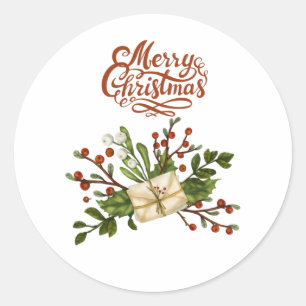 Sticker Rond Joyeux Noël aquarelle Holly Berry et lettres