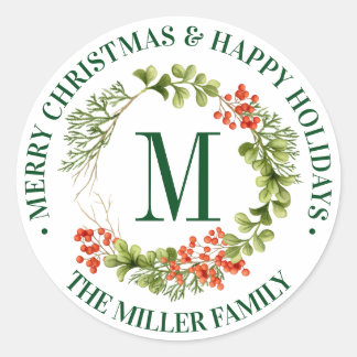 Sticker Rond Joyeux Noël | Aquarelle Monogramme Wreath
