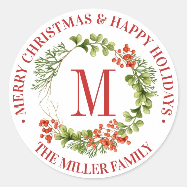 Sticker Rond Joyeux Noël | Aquarelle Monogramme Wreath (Devant)