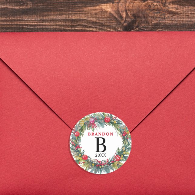 Sticker Rond Joyeux Noël Aquarelle Nom de la couronne Monogramm (Créateur téléchargé)