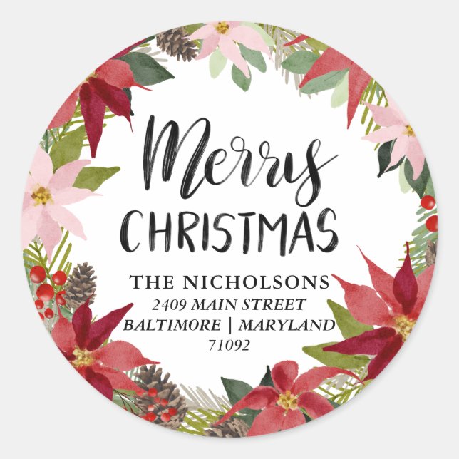 Sticker Rond Joyeux Noël | Aquarelle Poinsettia Adresse  (Devant)