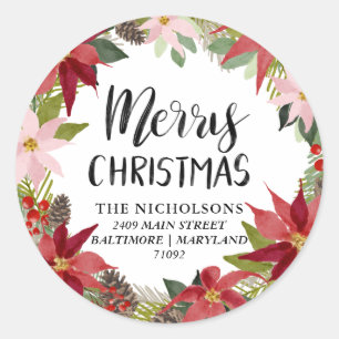Sticker Rond Joyeux Noël   Aquarelle Poinsettia Adresse 