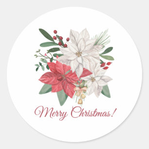 Sticker Rond Joyeux Noël Aquarelle Poinsettia Fleurs