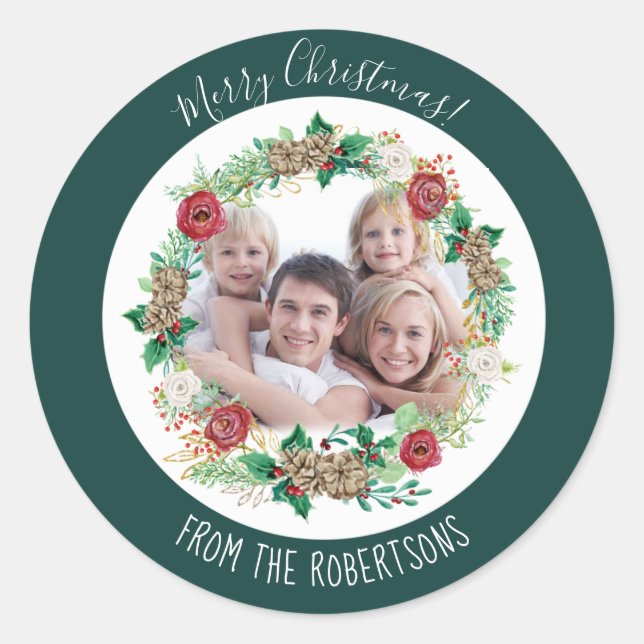 Sticker Rond Joyeux Noël aquarelle Wreath Family Photo (Devant)