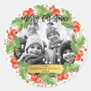 Sticker Rond Joyeux Noël aquarelle Wreath Photo de vacances