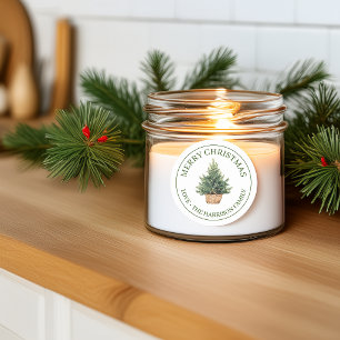 Sticker Rond Joyeux Noël Arbre à l'aquarelle rustique dans un p