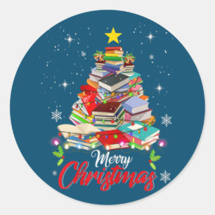 Sticker Rond Joyeux Noël Arbre Amour Lecture Livres Librairie