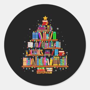 Sticker Rond Joyeux Noël Arbre de lecture Livres Lover Biblioth