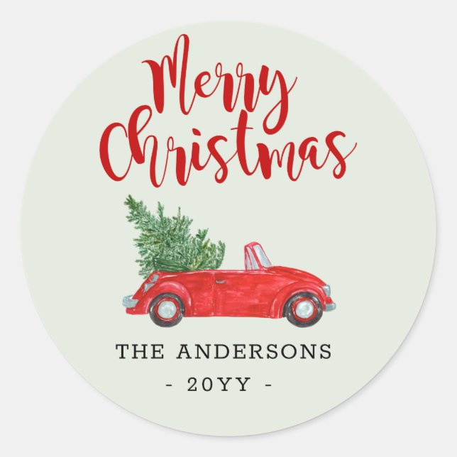 Sticker Rond Joyeux Noël Arbre de Noël en voiture rouge (Devant)