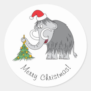 Sticker Rond Joyeux Noël Arbre mignon Mammoth Santa Hat