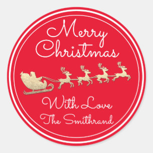 Sticker Rond Joyeux Noël Arbre Nom Gold RedSantaSleigh Deer