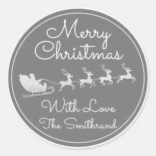 Sticker Rond Joyeux Noël Arbre Nom Gris Blanc Silver Sleigh