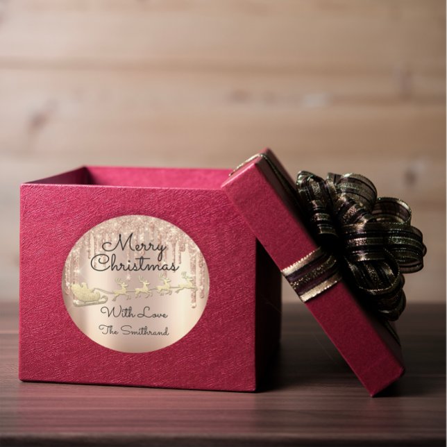 Sticker Rond Joyeux Noël Arbre Nom Rose Gold Sleigh Drives (Merry Christmas Tree Name Rose Gold Sleigh Drips Classic Round Sticker)