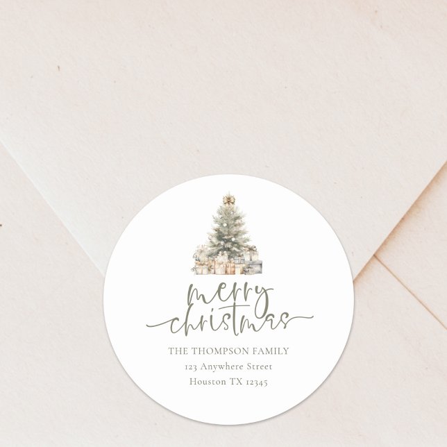 Sticker Rond Joyeux Noël Arbre Sage Script Adresse de retour (Retrun name and address sticker)