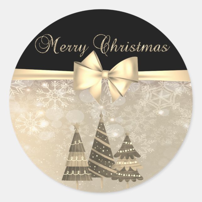 Sticker Rond Joyeux Noël, Arbres de Noël, Snowflakes, Bow (Devant)