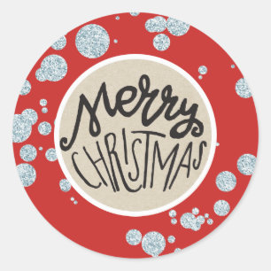 Sticker Rond Joyeux Noël Argent Pailleté Rustique Fêtes
