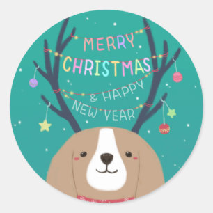 Sticker Rond Joyeux Noël : Art d'Illustration Beagle