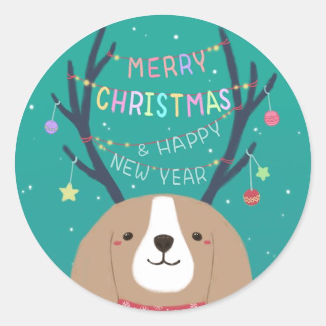 Sticker Rond Joyeux Noël : Art d'Illustration Beagle (Devant)