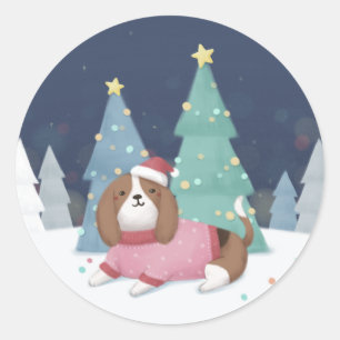Sticker Rond Joyeux Noël : Art d'Illustration Beagle