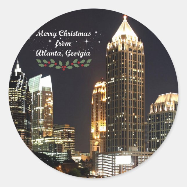 Sticker Rond "Joyeux Noël", Atlanta, Georgia Skyline (Devant)