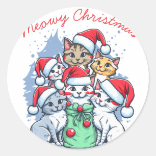 Sticker Rond Joyeux Noël aux chats, Noël félin, Cadeau drôle