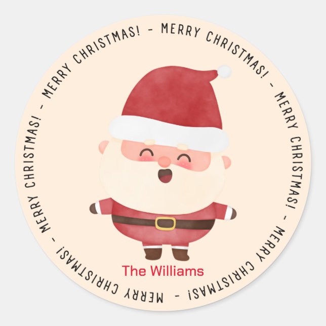 Sticker Rond Joyeux Noël avec Cute Santa Personnalisé (Devant)