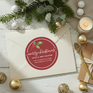 Sticker Rond Joyeux Noël Baies de Houx Nouvelle Adresse