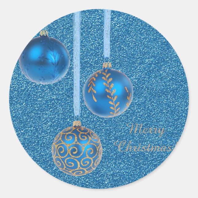 Sticker Rond Joyeux Noël Baubles Gold Blue Parties scintillant (Devant)