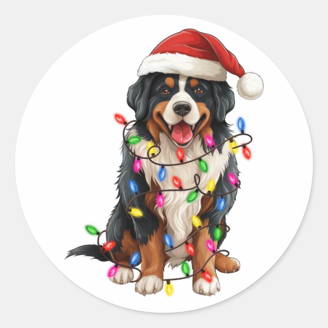 Sticker Rond Joyeux Noël Bernese Mountain Dog Santa Hat (Devant)