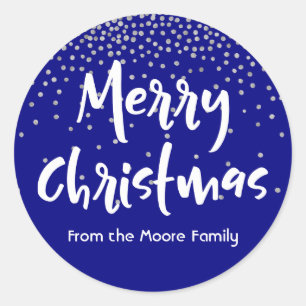 Sticker Rond Joyeux Noël blanc avec confettis argentés et fond