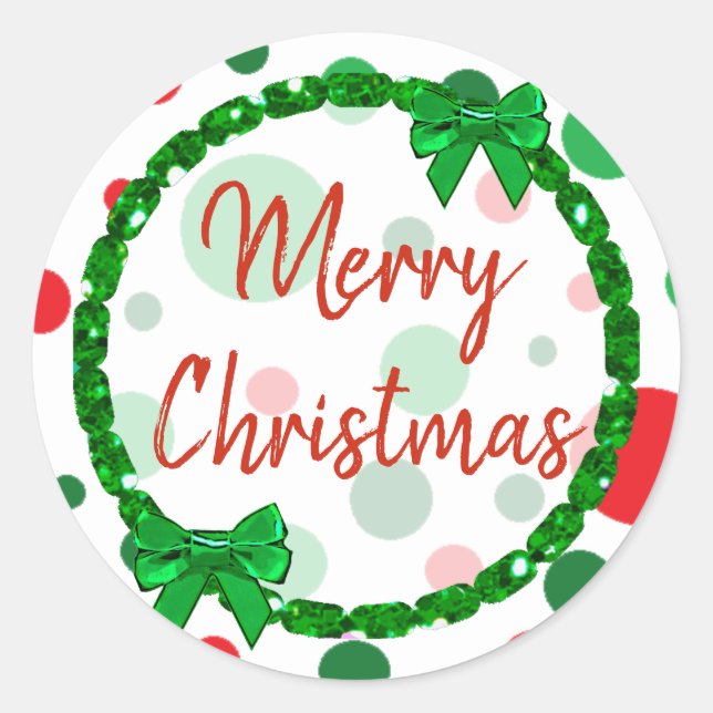 Sticker Rond Joyeux Noël blanc, Pois verts rouges (Devant)
