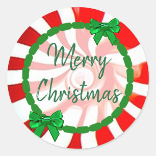 Sticker Rond Joyeux Noël Blanc, Rouge Vert Peppermenthe Candy