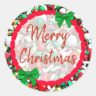 Sticker Rond Joyeux Noël blanc, Rouge Vert Vacances arrosées